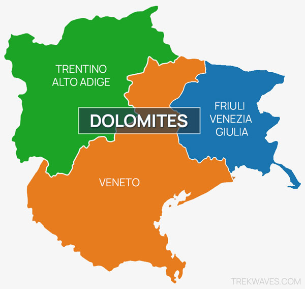 Map showing the regions of the Dolomites in Italy