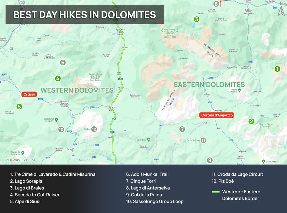 Map of the Best Hikes in Dolomites Italy