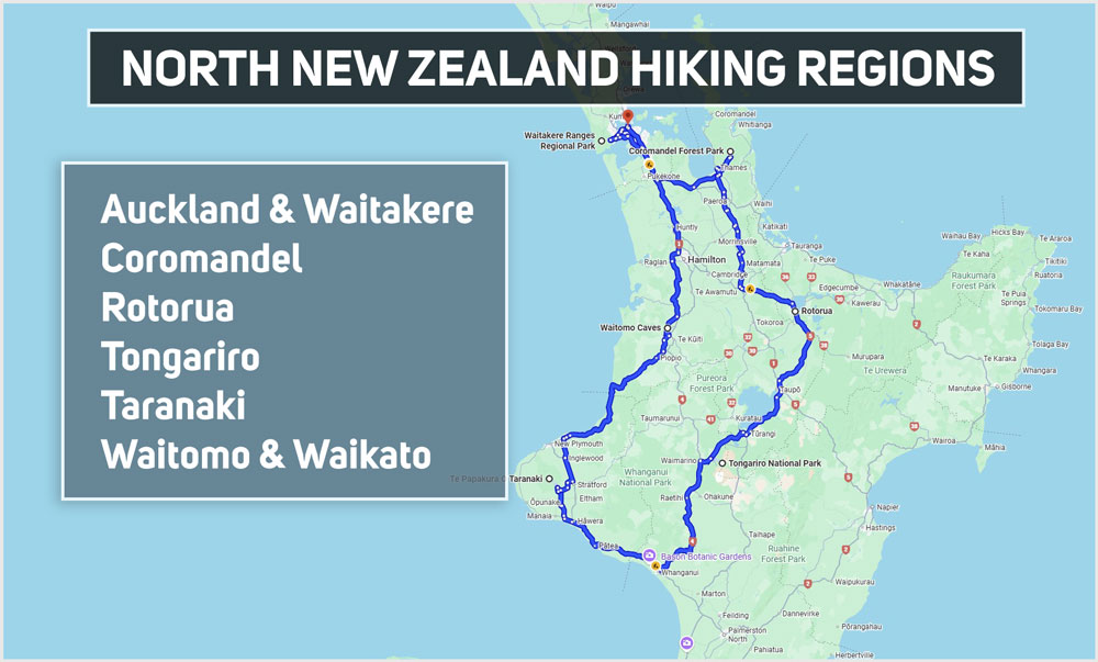 North New Zealand Best Hiking Regions Map