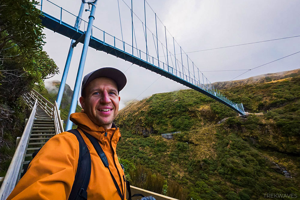 walking under manganui gorge suspension bridge mt taranaki